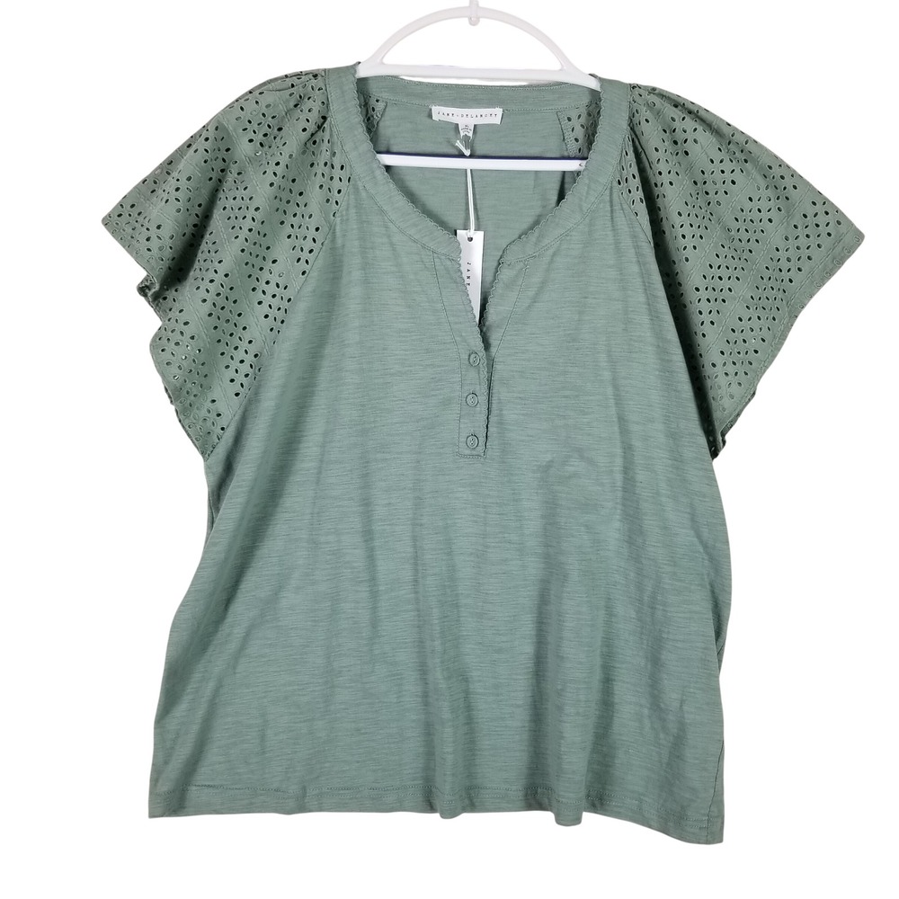 Jane + Delancey Top Womens XL Sage Green Eyelet Flutter Sleeve Cotton Slub 314